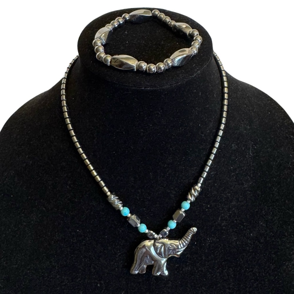 Hematite Turquoise Beaded Carved Elephant Pendant Necklace and Bracelet 2 Pc Set
